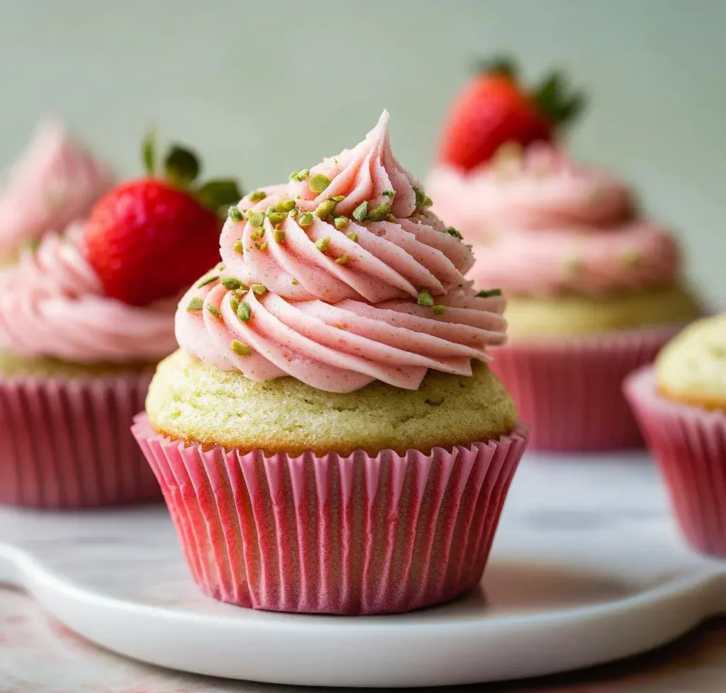 Pistachio Cupcakes with Strawberry Buttercream