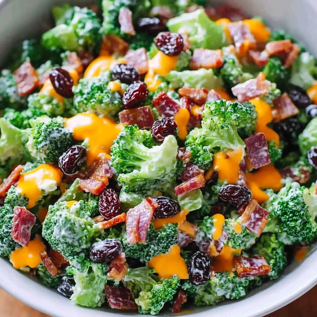 Broccoli Turkey Bacon Salad with Raisins and Cheddar Cheese