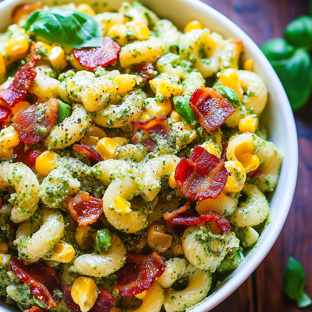Corn Pasta Salad with Turkey Bacon and Creamy Pesto Dressing