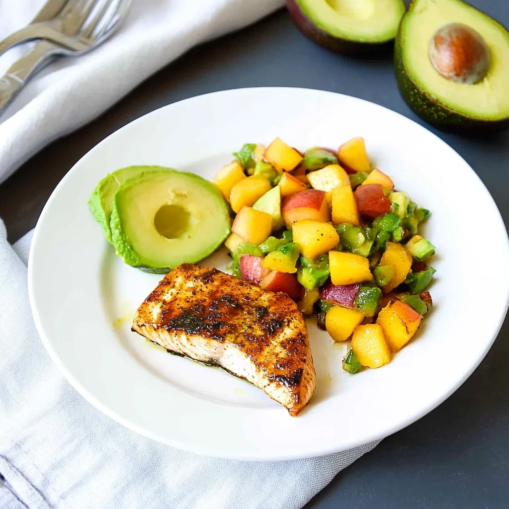 Grilled Mahi Mahi with Grilled Avocado Peach Salsa