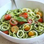 Raw Spiralized Zucchini Noodles with Tomatoes and Pesto