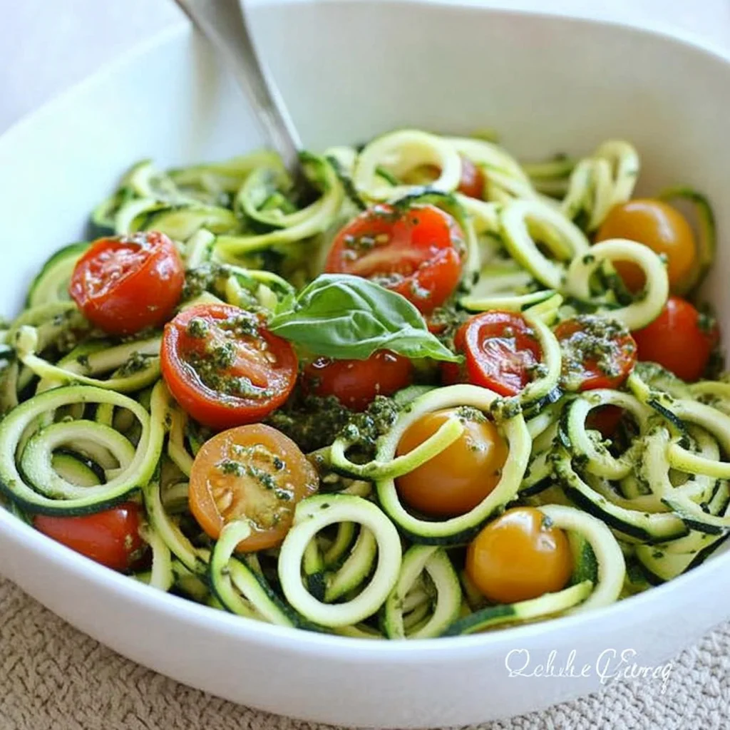 Raw Spiralized Zucchini Noodles with Tomatoes and Pesto