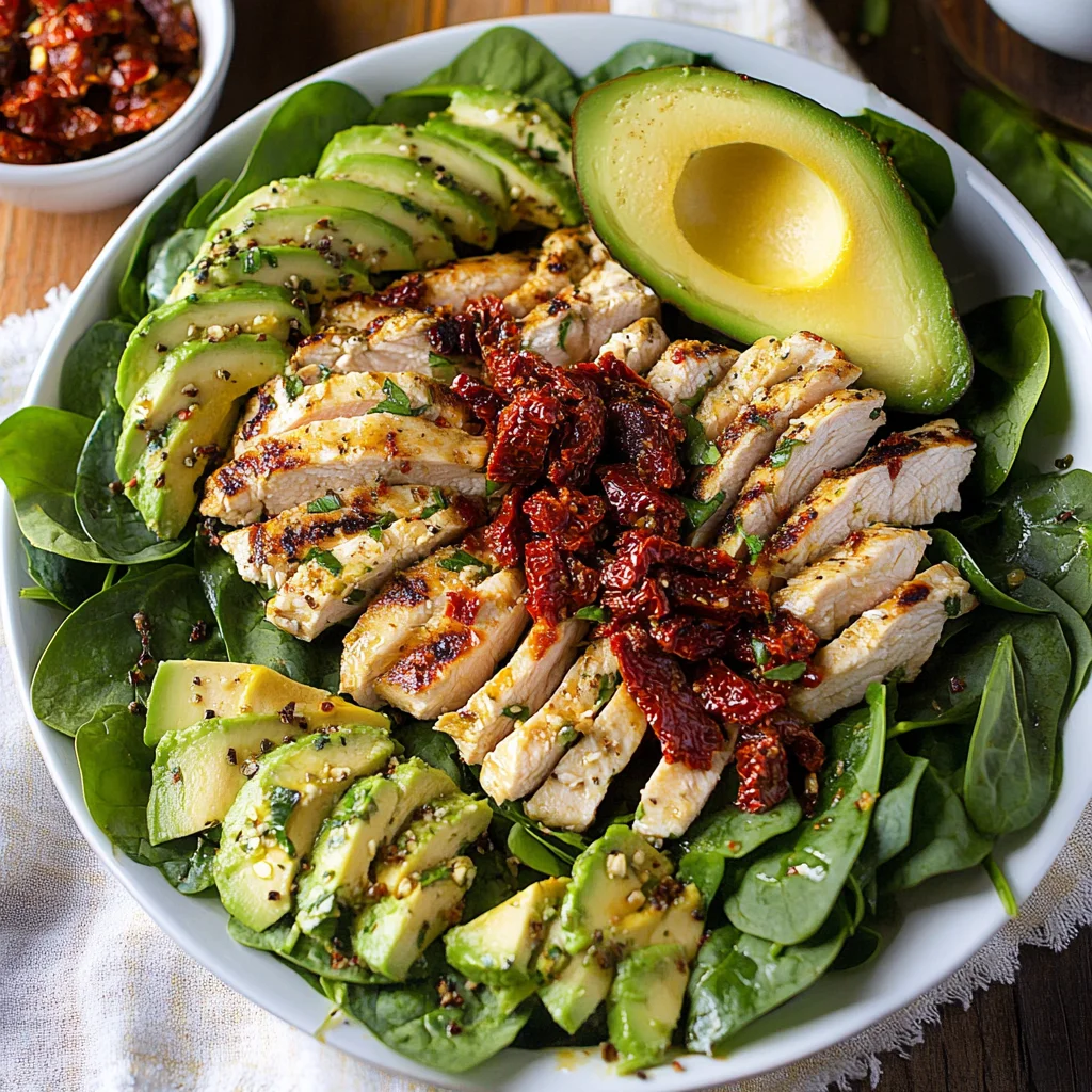 Grilled Chicken Sun Dried Tomato and Avocado Spinach Salad