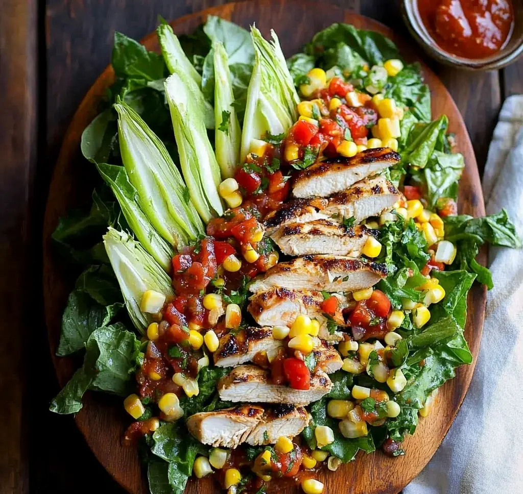 Grilled Romaine, Corn and Chicken Salad with Salsa Dressing
