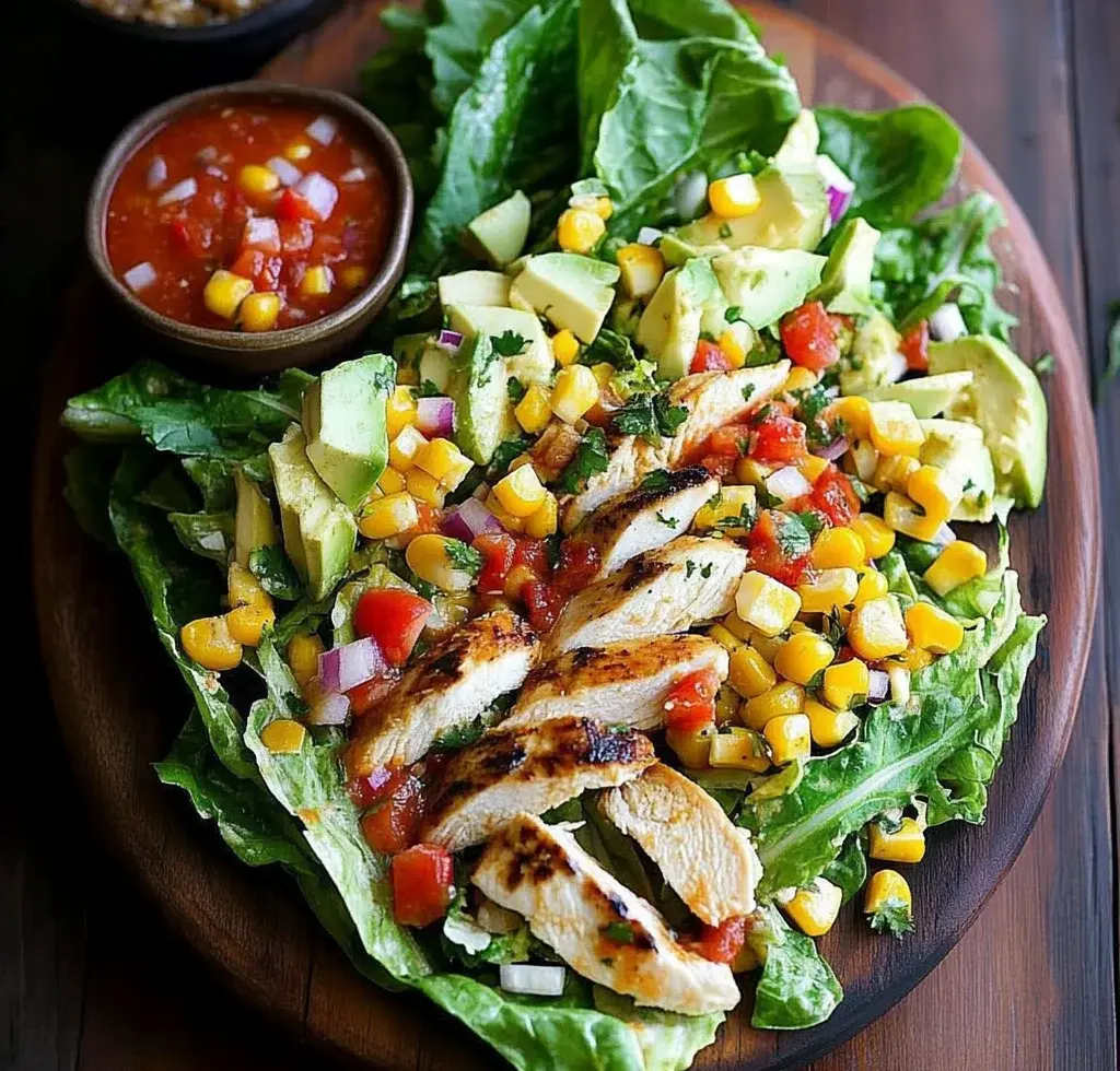 Grilled Romaine, Corn and Chicken Salad with Salsa Dressing