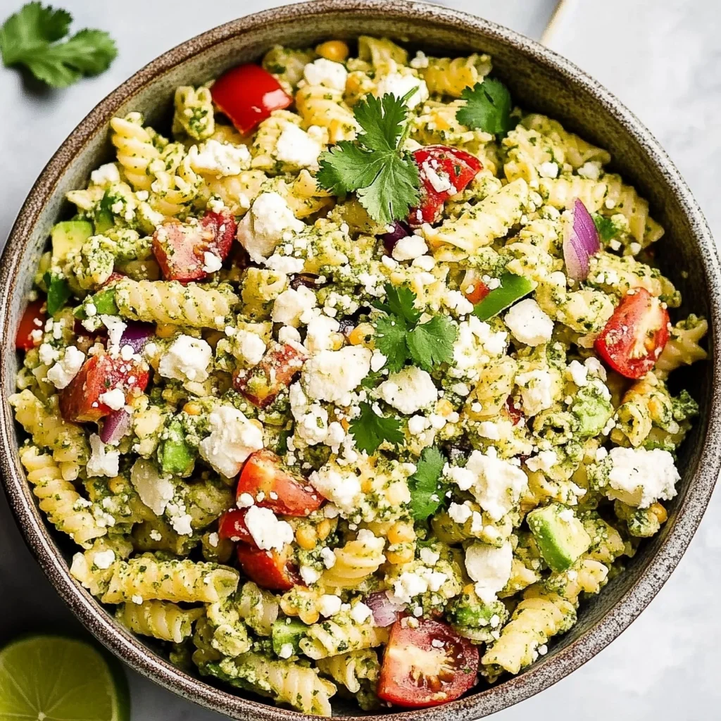Street Corn Pasta Salad with Cilantro Pesto & Goat Cheese