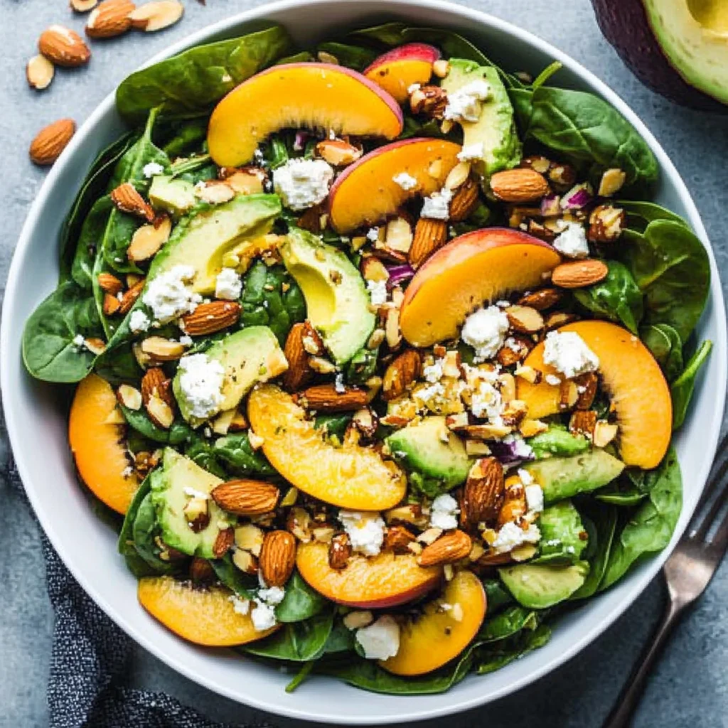 Summer Peach Spinach Salad with Avocado, Toasted Almonds + Goat Cheese