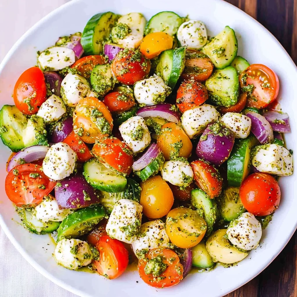Tomato Cucumber Avocado Salad with Mozzarella and Basil Pesto