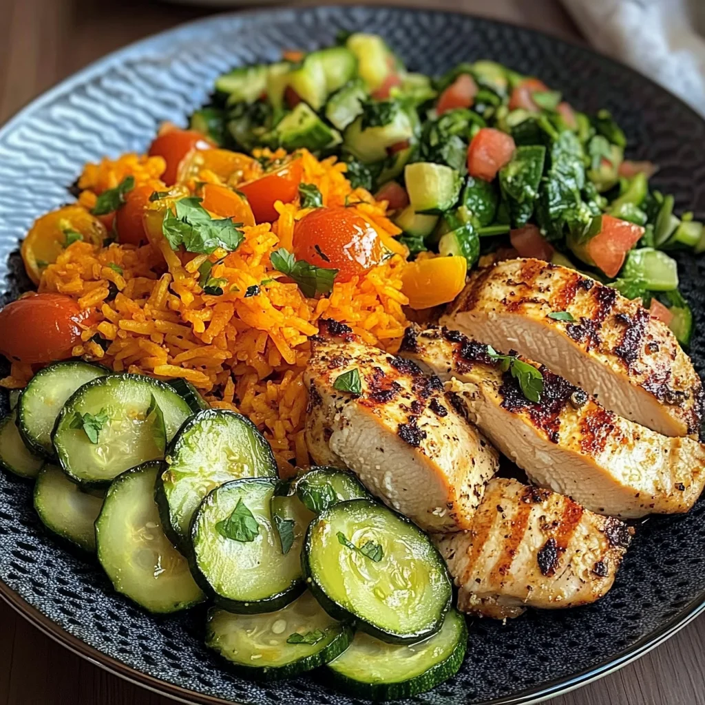 Colorful Chicken Veggie Plate with Carrot Rice & Salad