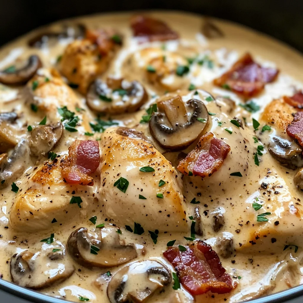 Creamy Chicken & Bacon Stroganoff with Garlic Naan, Rice & Crispy Fries