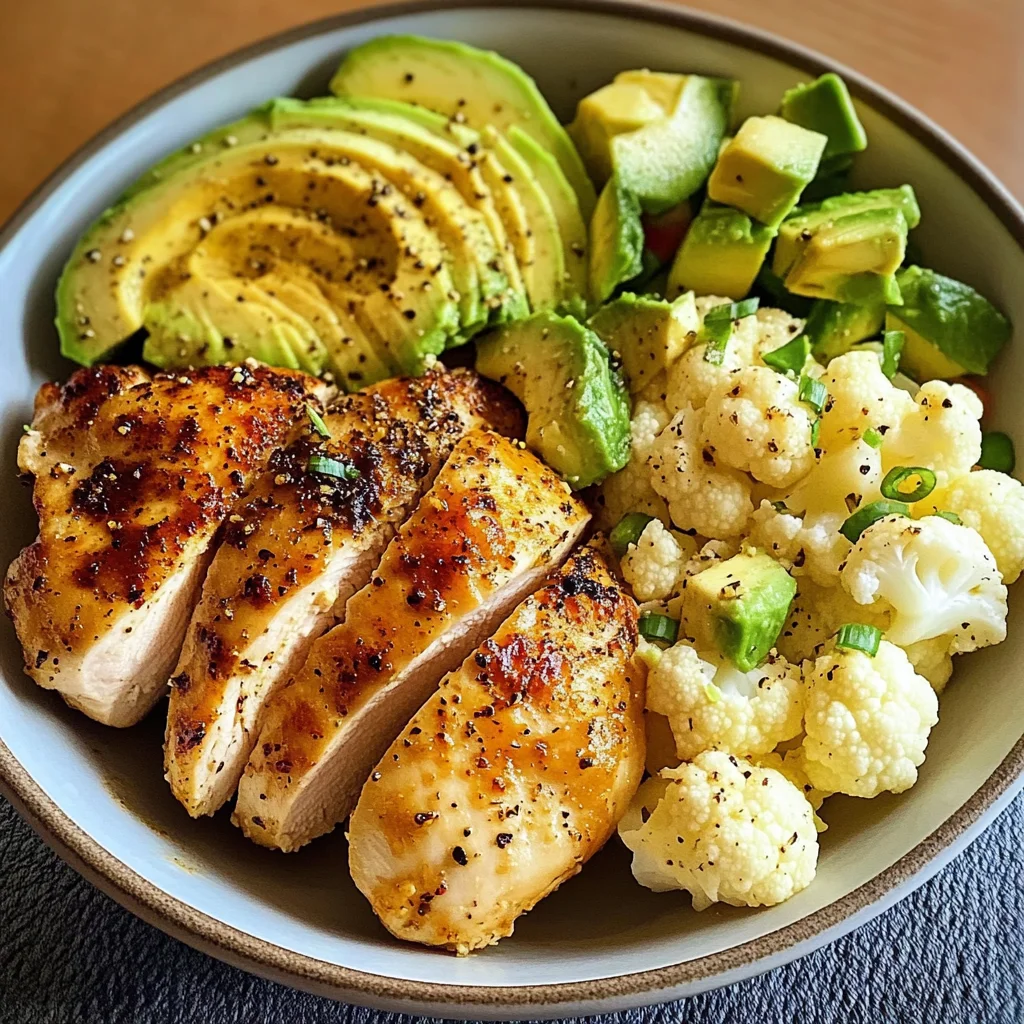 Pan-Seared Chicken with Steamed Cauliflower & Avocado Bowl