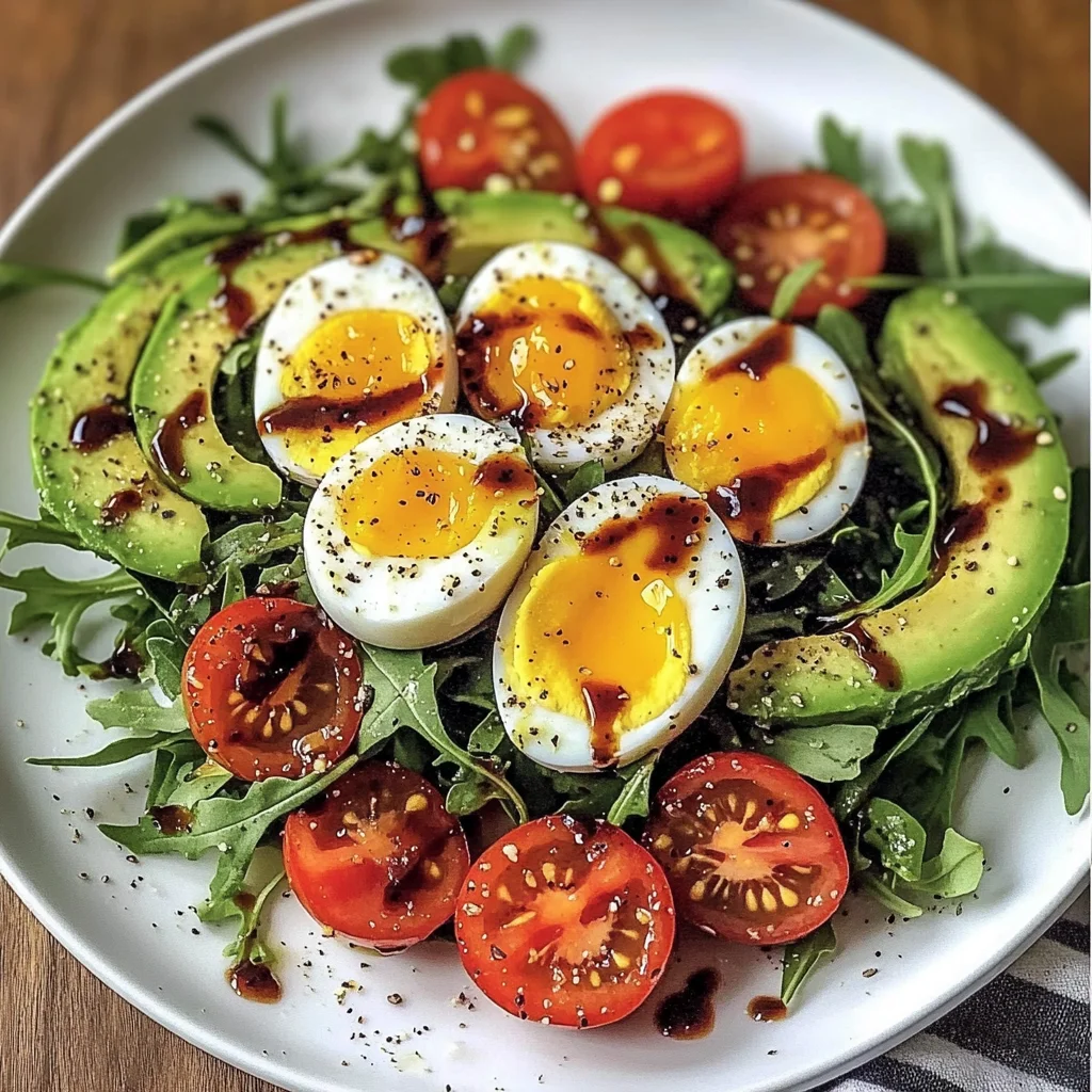 Avocado Arugula Salad with Jammy Eggs & Creamy Balsamic Drizzle