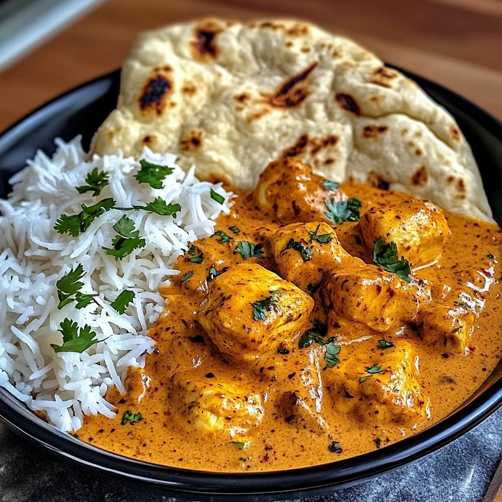Butter Chicken with Coriander, Rice, and Naan