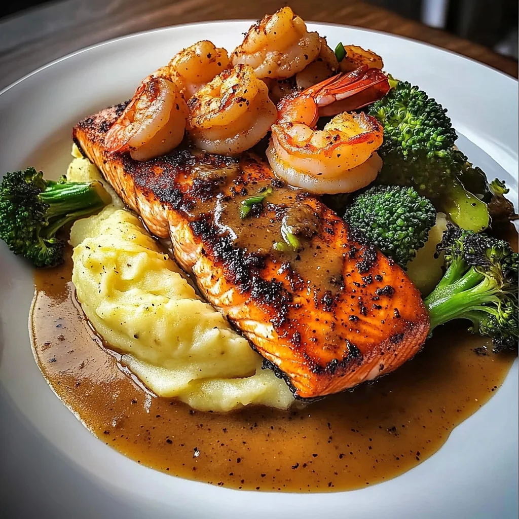 Cajun Salmon with Garlic Mashed Potatoes & Shrimp-Broccoli Saut
