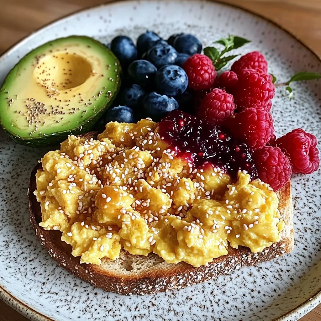 Colorful Breakfast Plate with Scrambled Eggs, Avocado, PB&J Toast & Fresh Berries