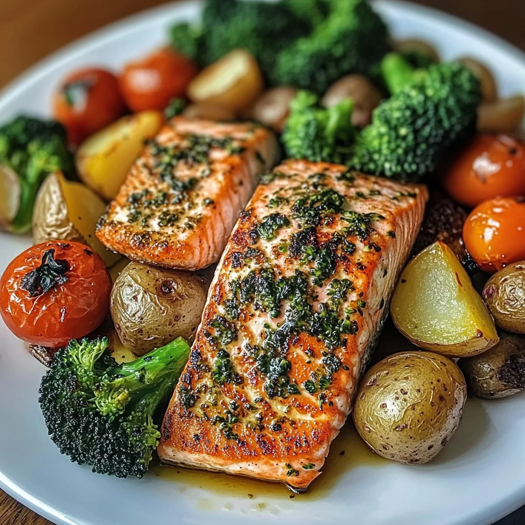 Garlic Butter Salmon with Roasted Veggies & Baby Potatoes