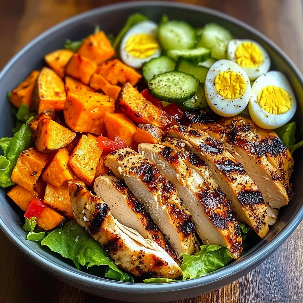 Grilled Chicken Salad Bowl with Sweet Potato Rounds & Eggs