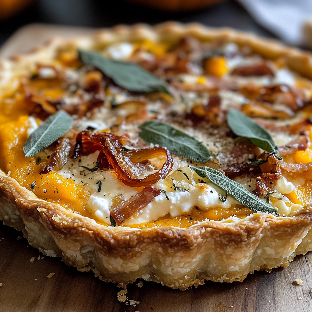 Pumpkin, Ricotta & Caramelized Onion Tart with Turkey Turkey Turkey Bacon and Sage