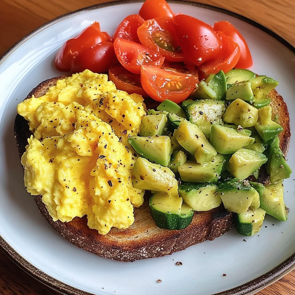 Rainbow Avocado Toast with Scrambled Eggs & Veggie Medley