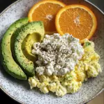 Avocado, Scrambled Eggs & Cottage Cheese Plate with Fresh Orange