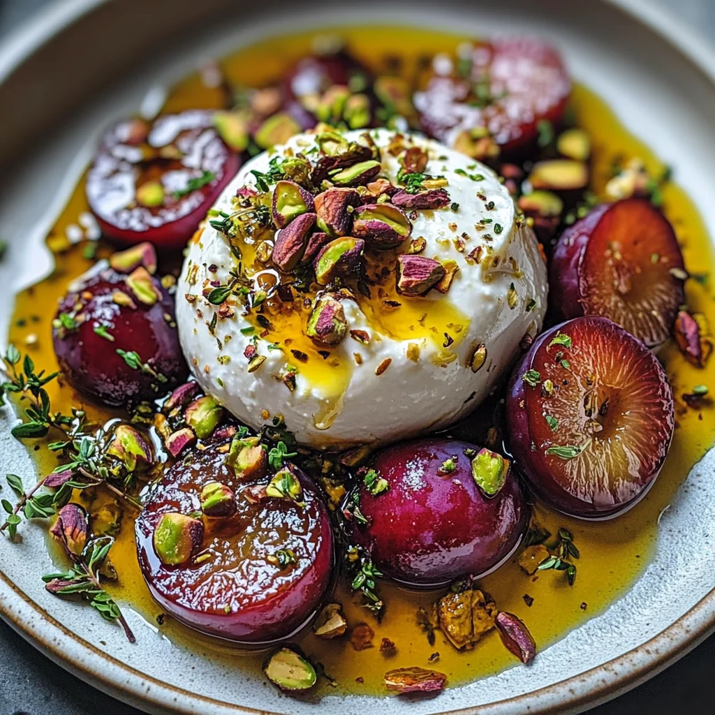 Burrata with Roasted Plums, Pistachios & Thyme