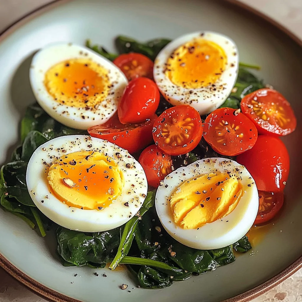 Boiled Eggs with Sautéed Cherry Tomatoes & Spinach