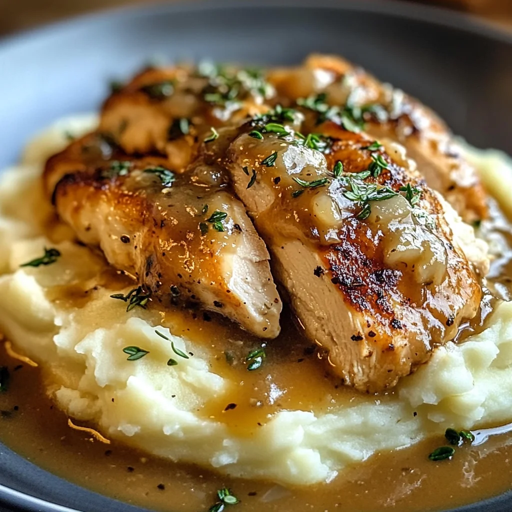 Chicken and Garlic Gravy with Cheesy Mashed Potatoes