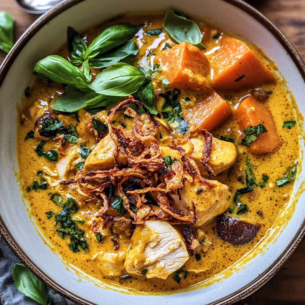 Crockpot Coconut Chicken Curry with Crispy Shallot Basil Oil