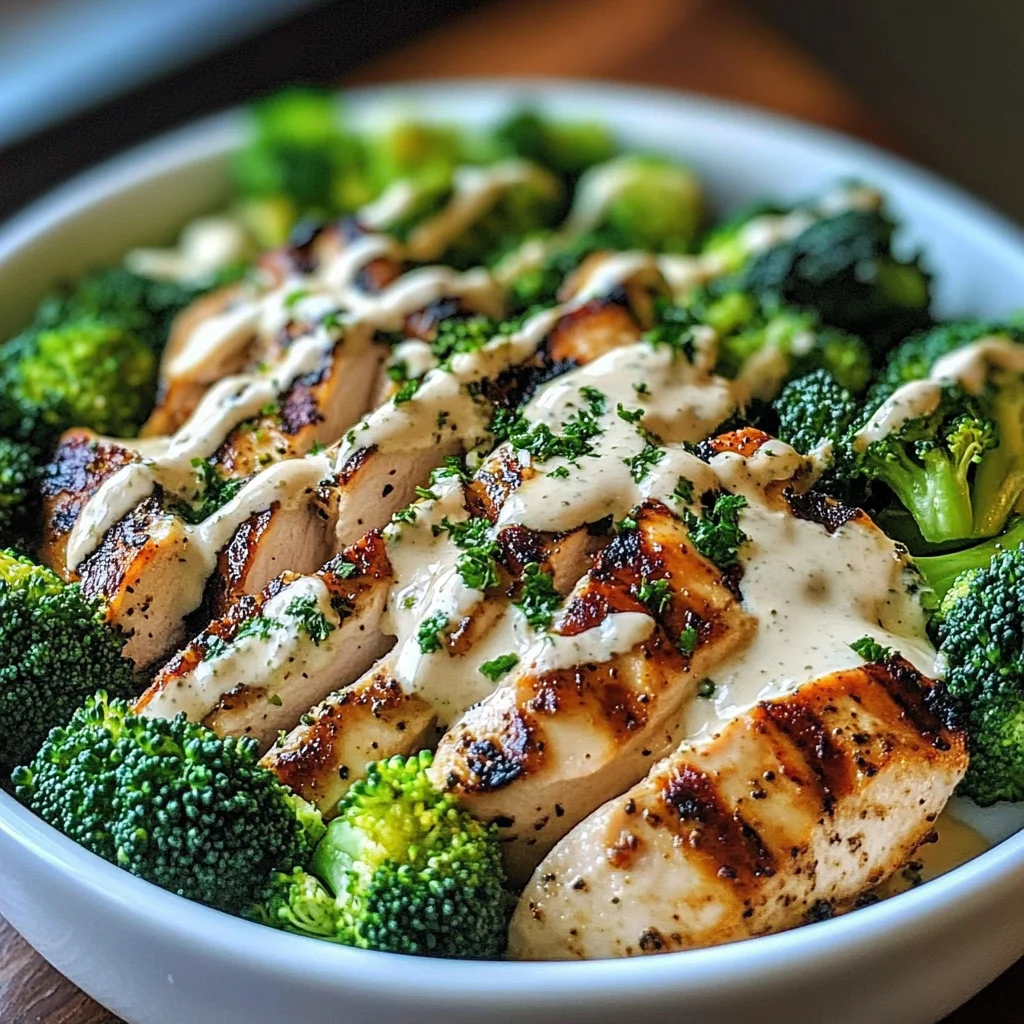Grilled Chicken and Broccoli Bowls with Creamy Garlic Sauce
