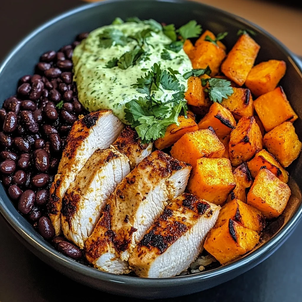 Chipotle Chicken Bowl with Black Beans, Sweet Potatoes, and Cilantro Lime Sauce