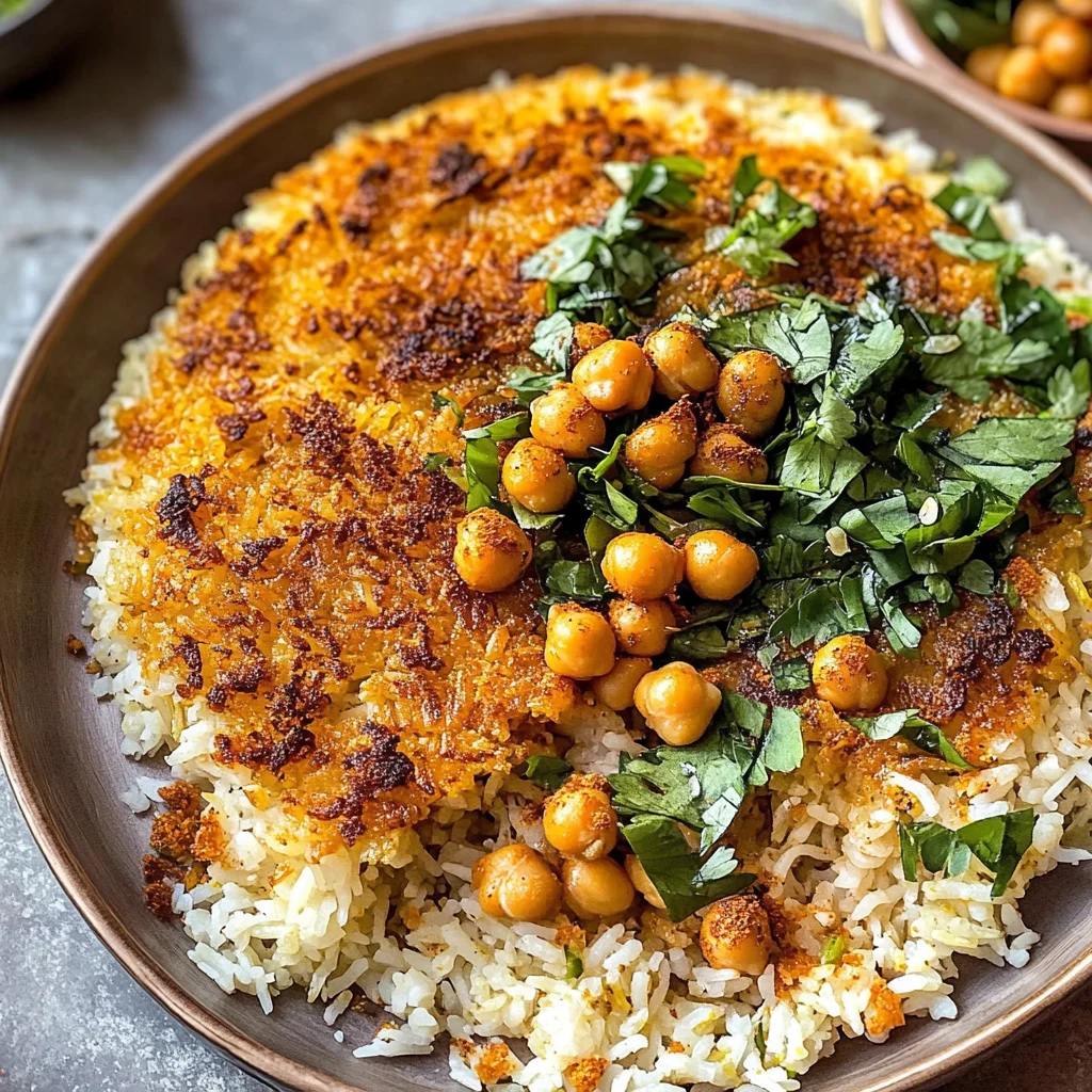 Crispy Persian Rice (Tahdig) with Spiced Golden Chickpeas