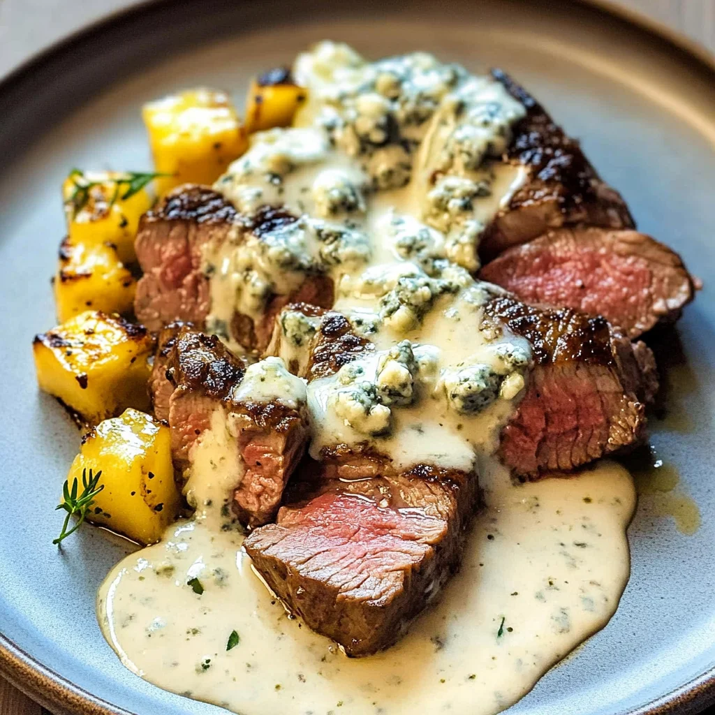 Pan Seared Denver Steak with Creamy Blue Cheese Sauce