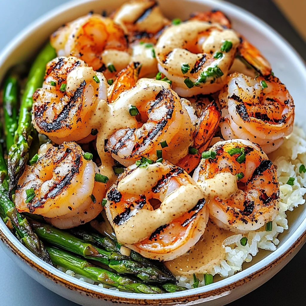 Grilled Shrimp Bowl with Asparagus & Creamy Garlic Sauce
